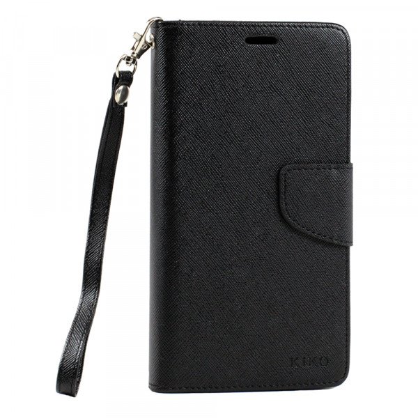 Wholesale Samsung Galaxy Note 4 Diary Flip Leather Wallet Case w Stand and Strap (Black Black)